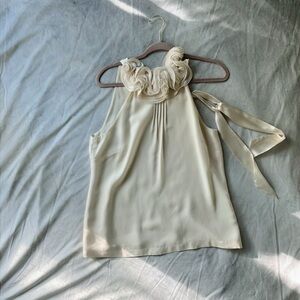 Silk Ann Taylor Cream Sleeveless Blouse with Floral Detail